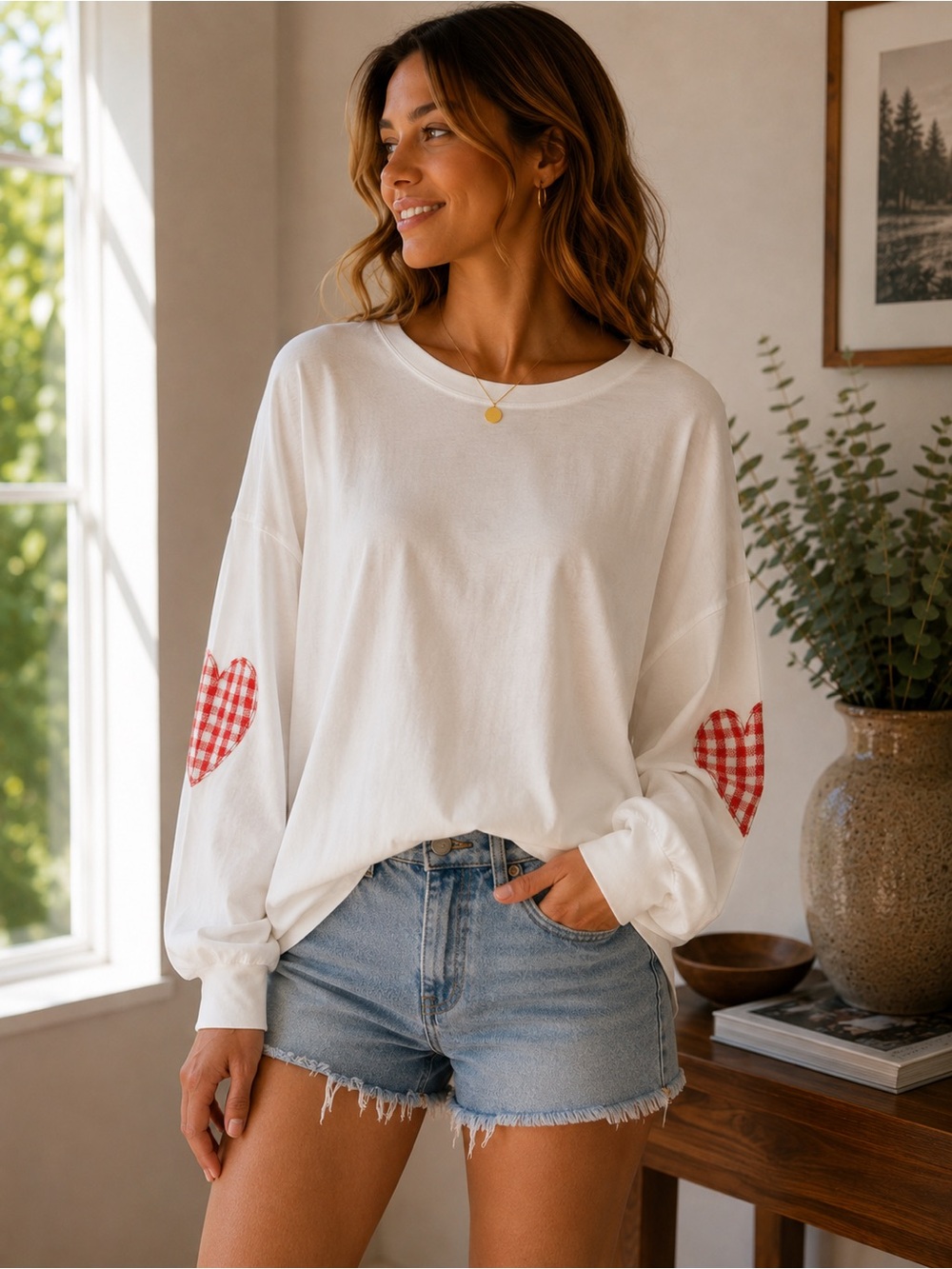 Daydreamer White Long-Sleeve Top with Red Gingham Heart Elbow Patches
